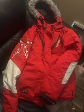 Women’s Red Hooded Winter Jacket with Faux Fur Trim